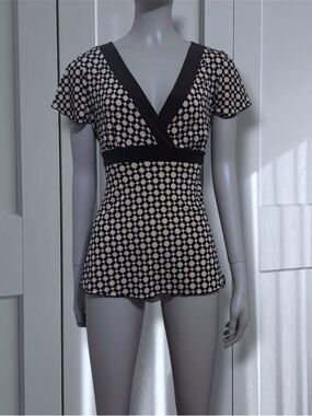 Y2K Cream and Brown Geometric Print Blouse